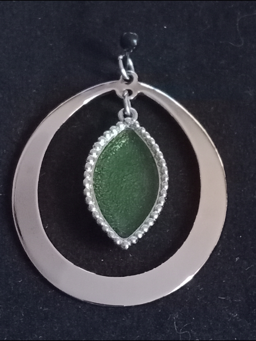 Silver Hoop Drop Necklace Pendant with Green Marquise Accent